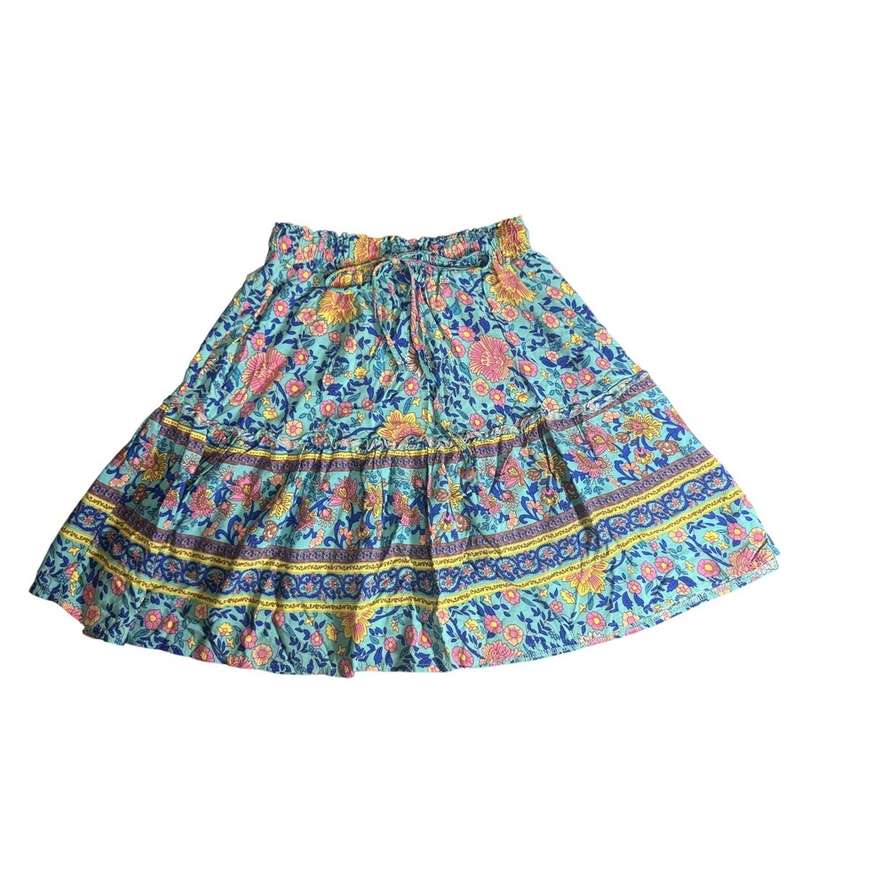 Boho Floral Paisley Tiered Mini Skirt Blue Pink Yellow Elastic Waist XXL